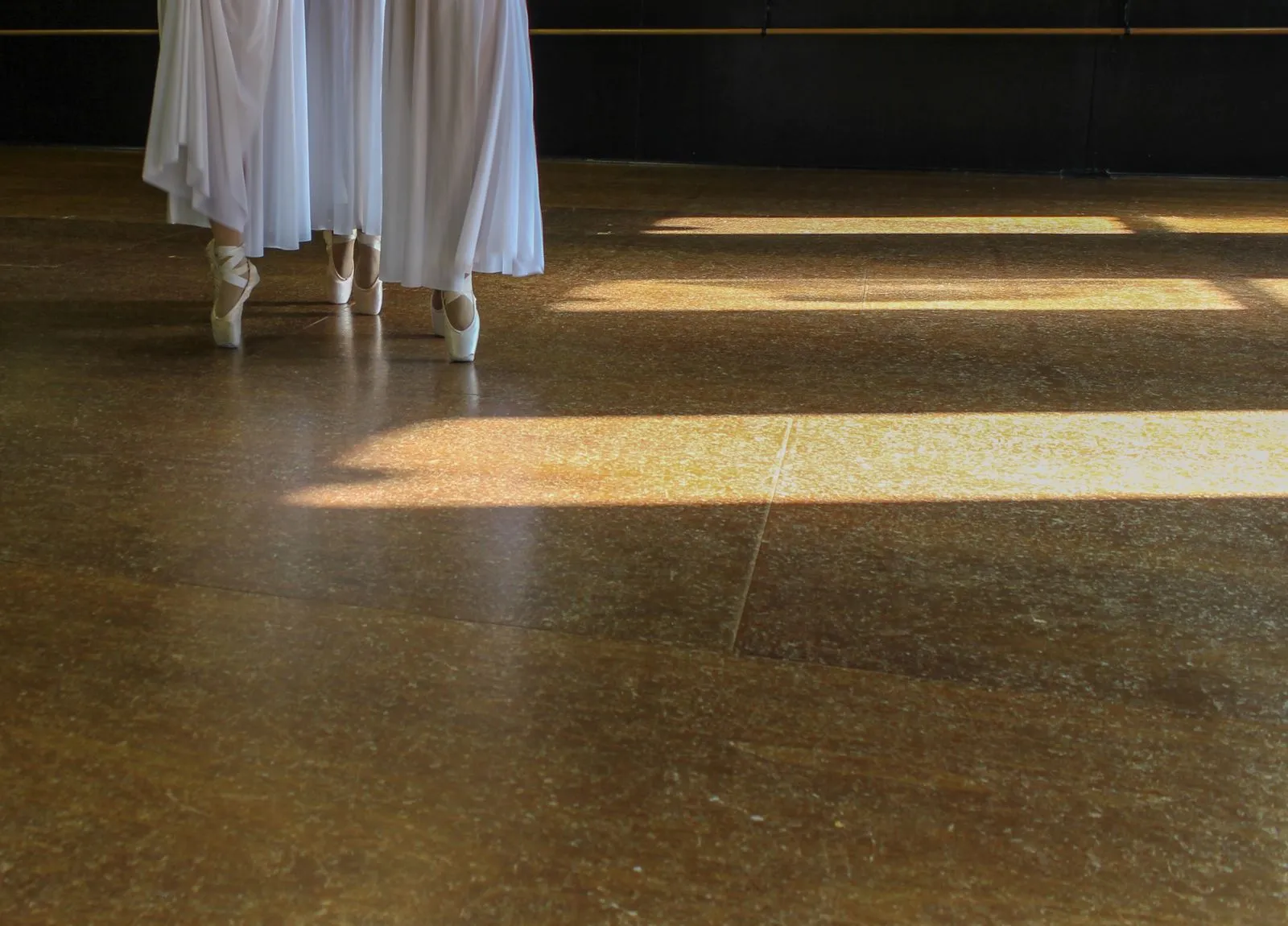Ballet dancers on pointe in a sunlit studio, showcasing elegance and grace.